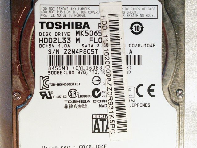 Toshiba 500GB 2.5" 8MB 5400rpm 3Gb/s MK5065GSX SATAII (нерабочий) - 1/3